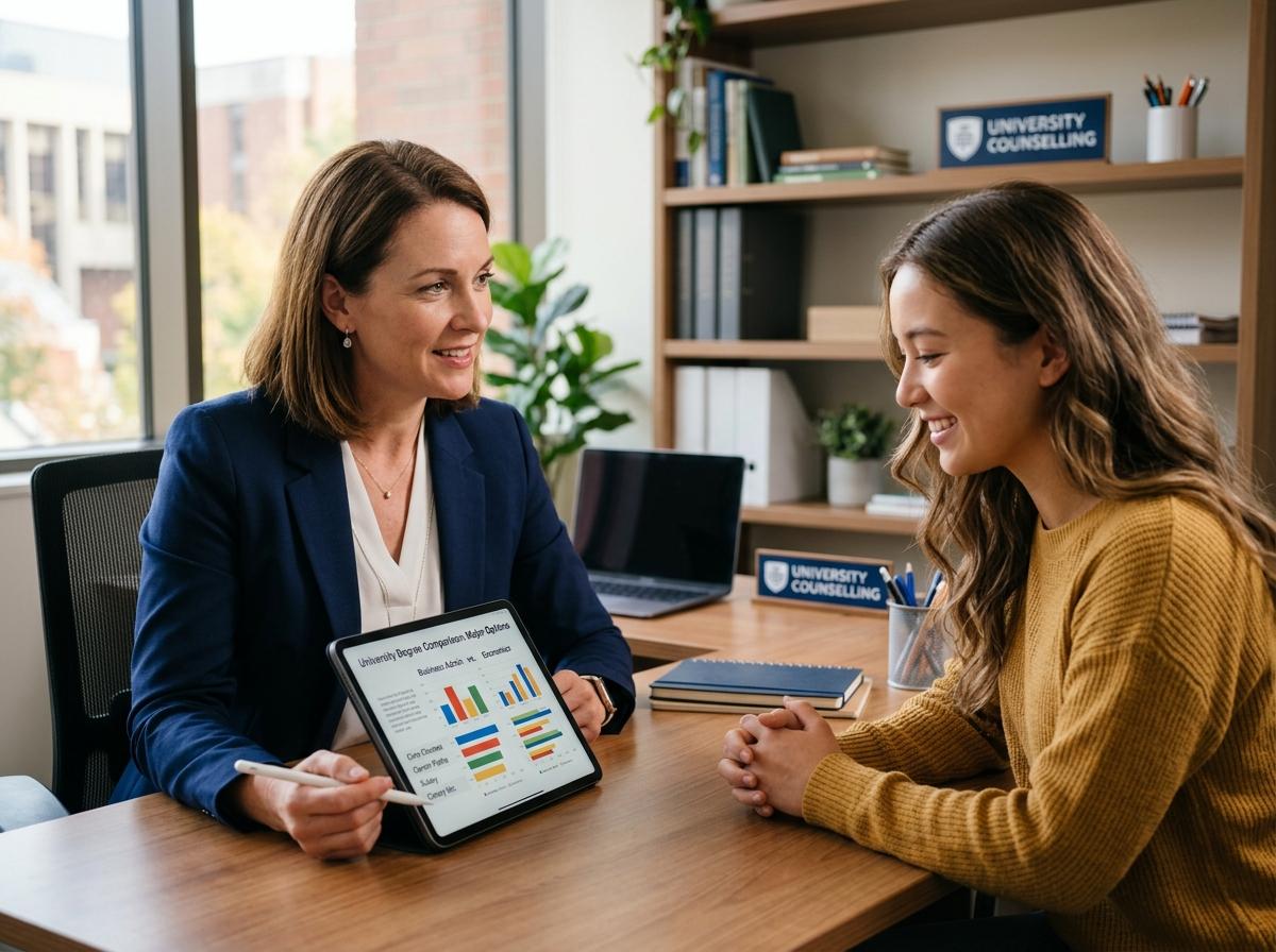 Education counsellor advising student on online higher education